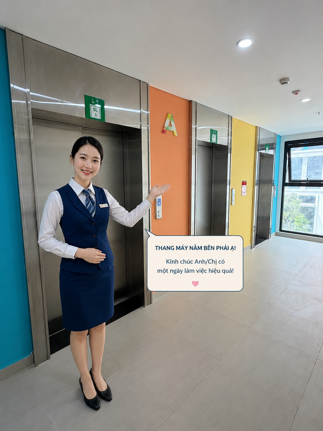 Nhân viên lễ tân mặc đồng phục màu xanh đứng chỉ dẫn khu vực thang máy trong tòa nhà văn phòng